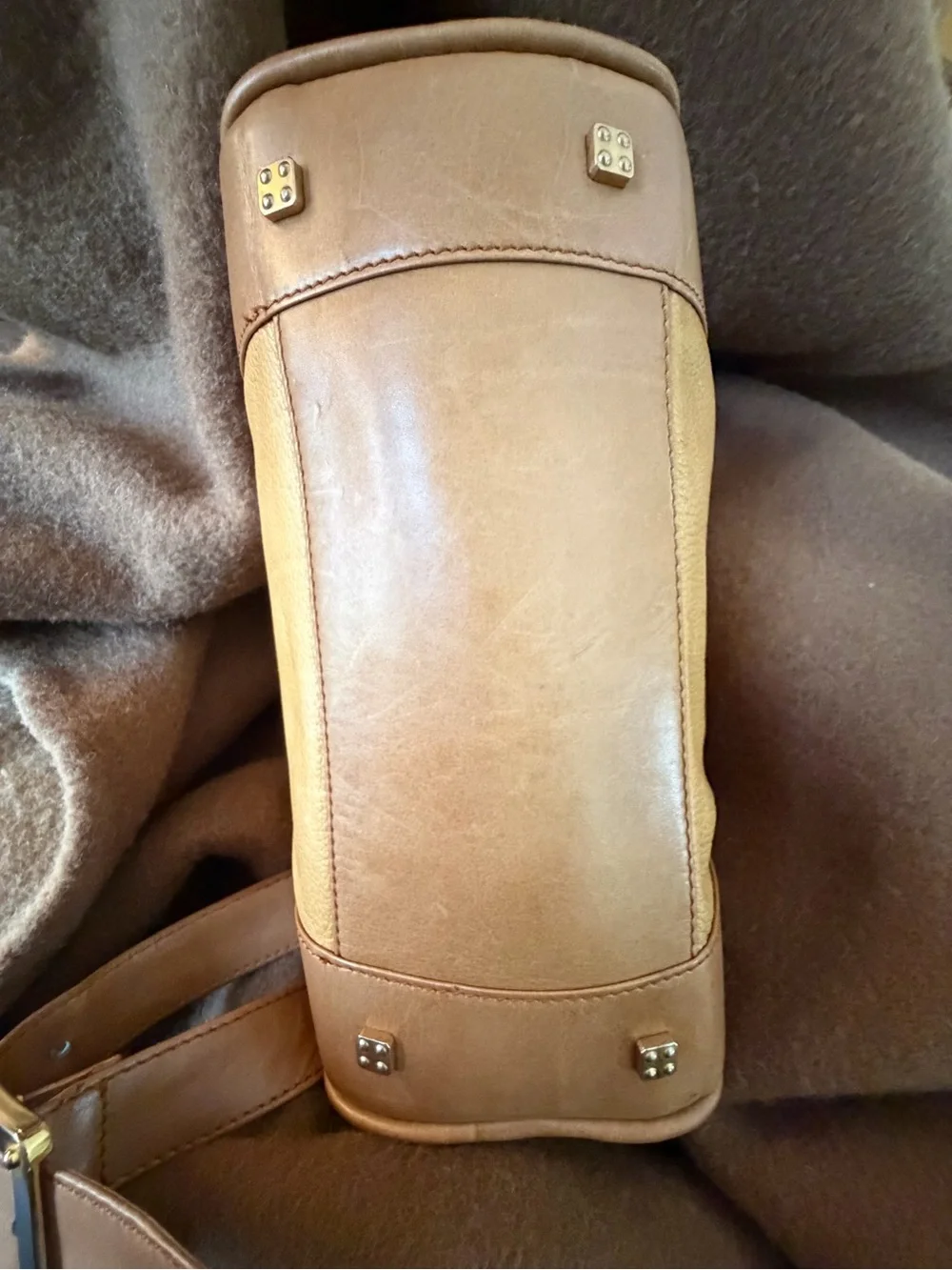 Loewe Logo Embossed Tan & Dark Tan Messenger Bag w/Beige Suede Interior